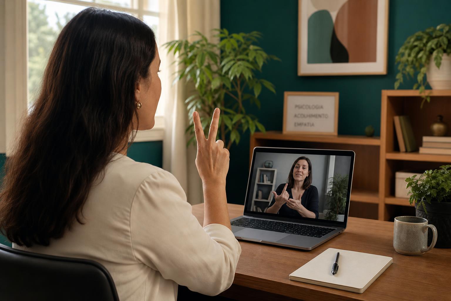 Duas mãos comunicando em Libras com luz suave e acolhedora